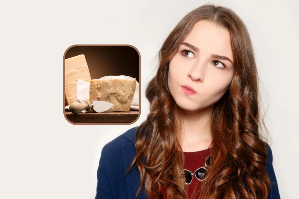donna con espressione dubbiosa e formaggio grana nel riquadro