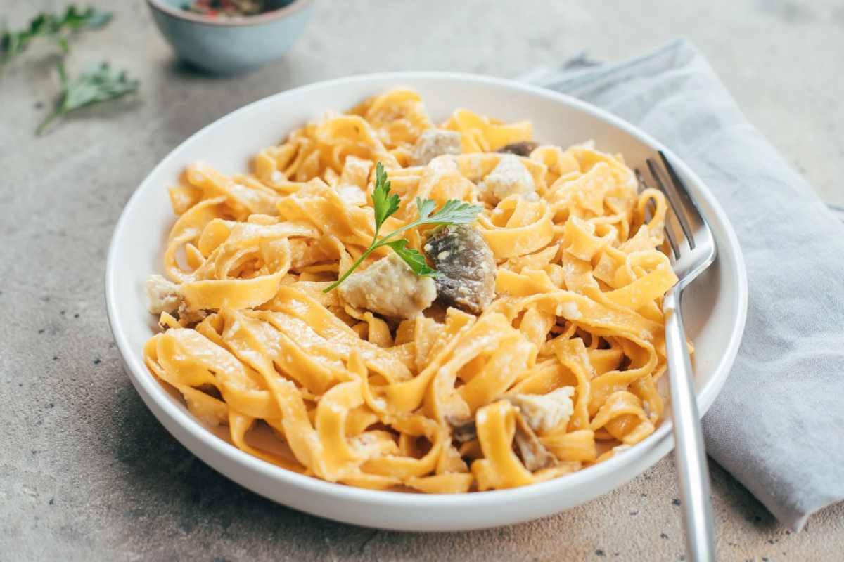 pasta cremosa con funghi in un piatto