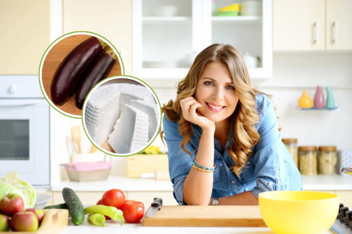 donna in cucina con melanzane e ricotta in miniatura