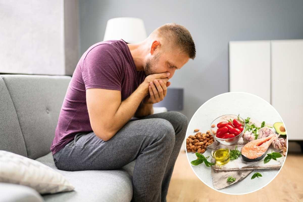 ragazzo seduto sul divano e alimenti nel riquadro