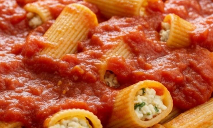 maccheroni ripieni di ricotta e sugo di pomodoro