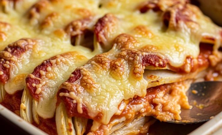 fetta di parmigiana di finocchi con pomodoro