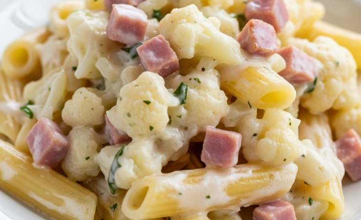 primo piano di pasta condita con prosciutto e cavolfiore