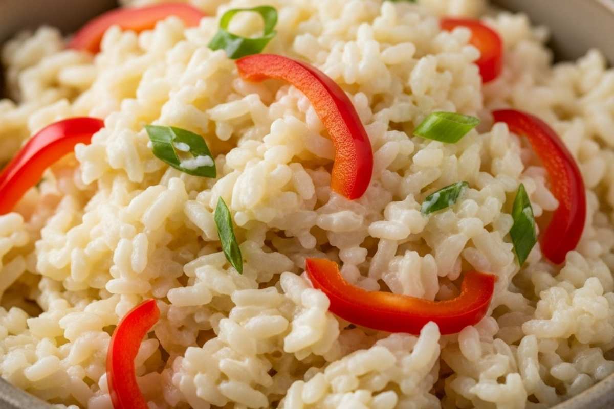 primo piano di riso freddo con peperoni