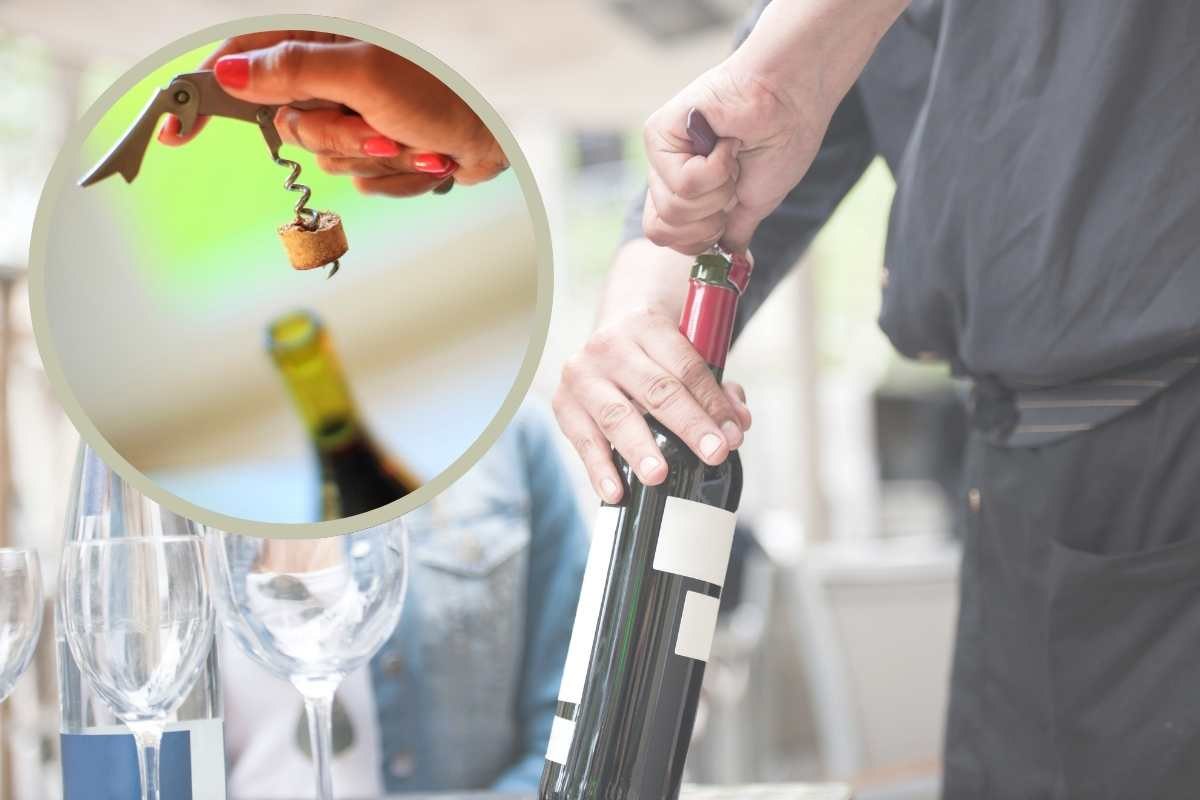aprire la bottiglia di vino e tappo di sughero rotto