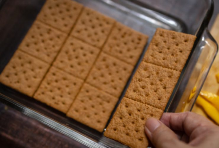 Mano che dispone i crackers in una teglia di vetro