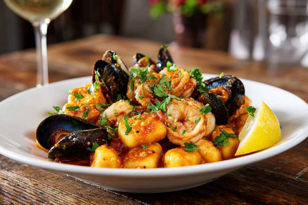 Gnocchi allo scoglio in un piatto con uno spicchio di limone per decorazione