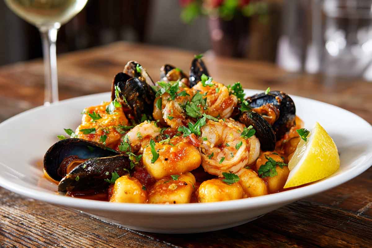 Gnocchi allo scoglio in un piatto con uno spicchio di limone per decorazione