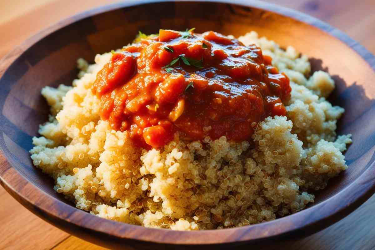 Quinoa al pomodoro in una ciotola di legno