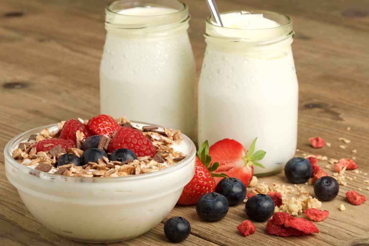 Yogurt zero grassi con dei frutti di bosco e cereali