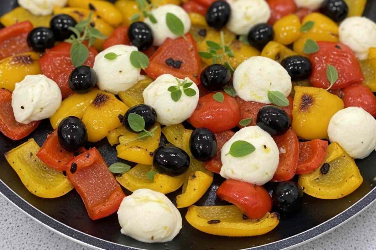 padella con peperoni, mozzarella e olive nere