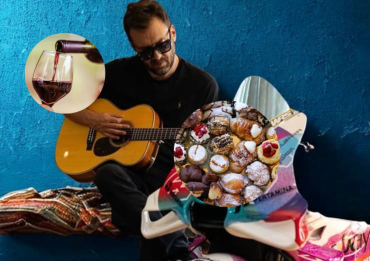 cesare cremonini che suona la chitarra e nei riquadri dei dolci e un calice di vino