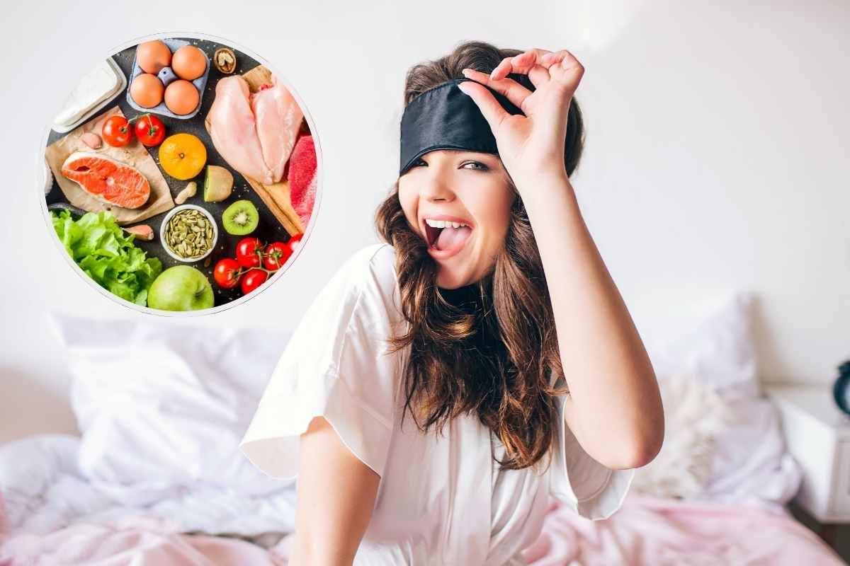 ragazza che fa l'occhiolino e alimenti in un riquadro