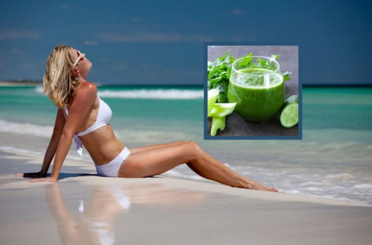 donna che prende il sole in spiaggia e nel riquadro un succo di verdura e delle verdure