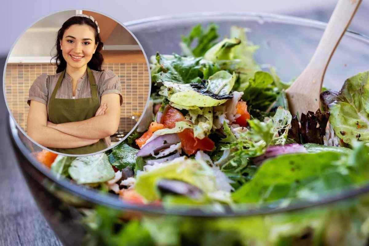 insalata in una ciotola e ragazza in cornice
