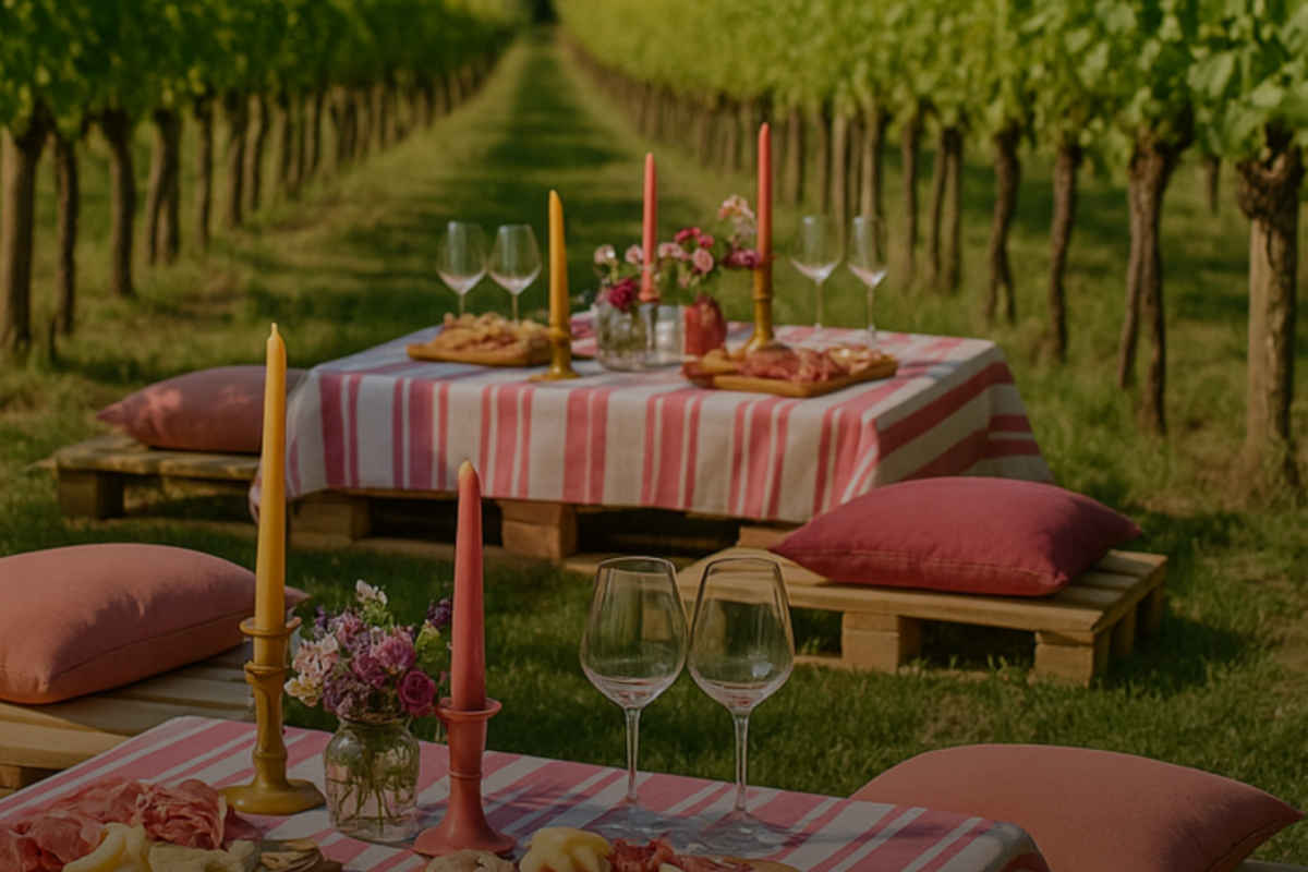 Tavola apparecchiata per un picnic in vigna