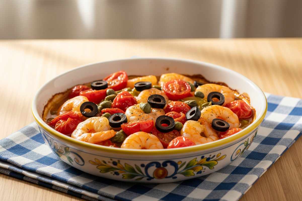 ciotola di gamberoni con pomodori e olive