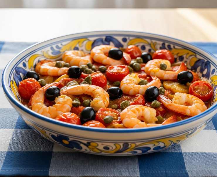 gamberoni con olive e pomodori