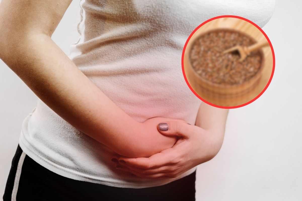 ragazza con dolore alla pancia e semi di lino