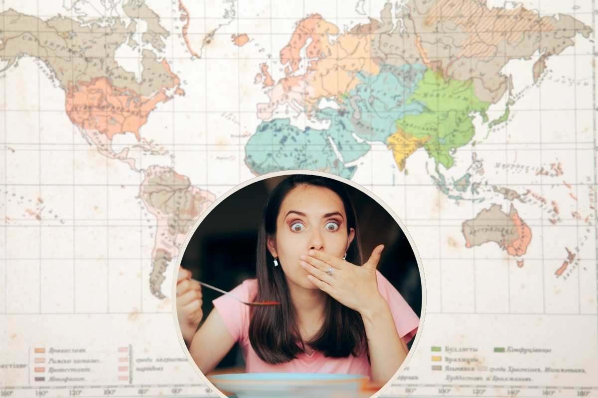 cartina del mondo e ragazza che mangia