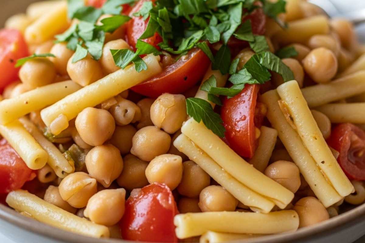 piatto con pasta ceci e pomodori