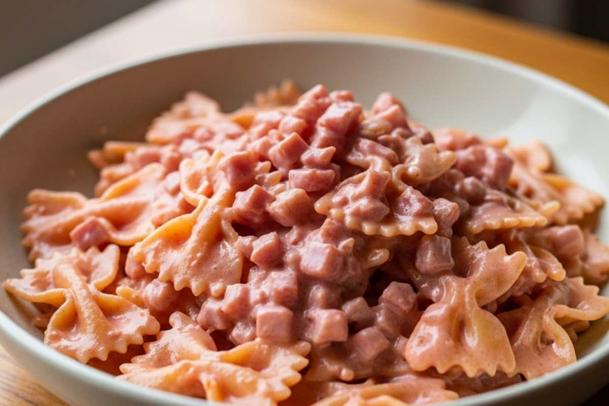 farfalle di pasta condite con crema di prosciutto