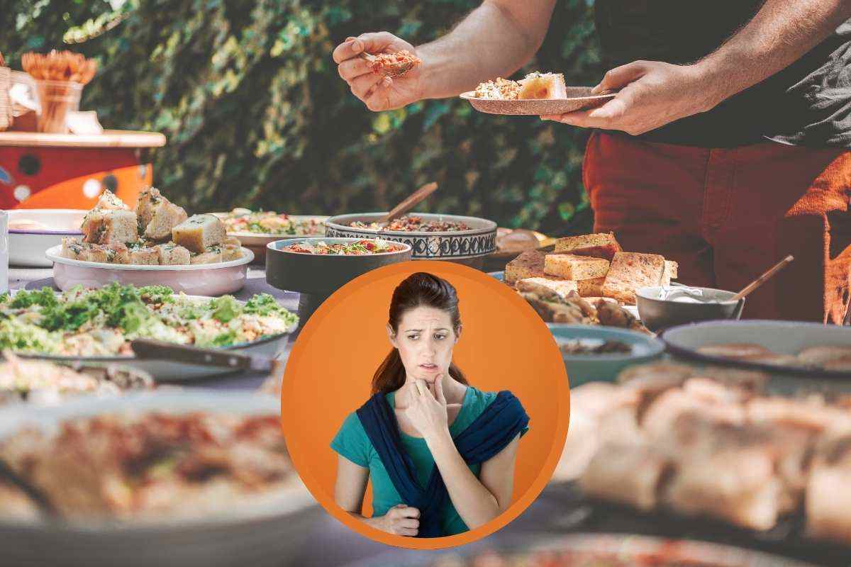 alimenti sul tavolo e ragazza pensierosa
