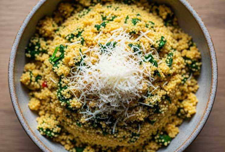 piatto con cous cous con spinaci e parmigiano