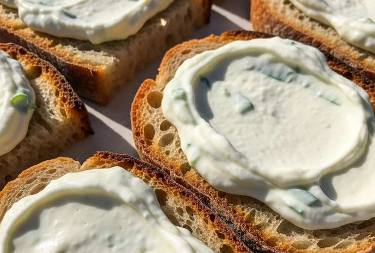 pane tostato con crema ai cetrioli spalmata