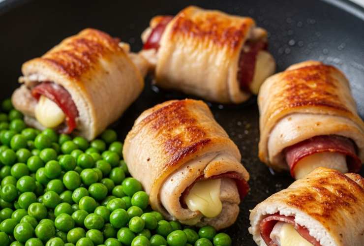 involtini di pollo in una padella con i piselli