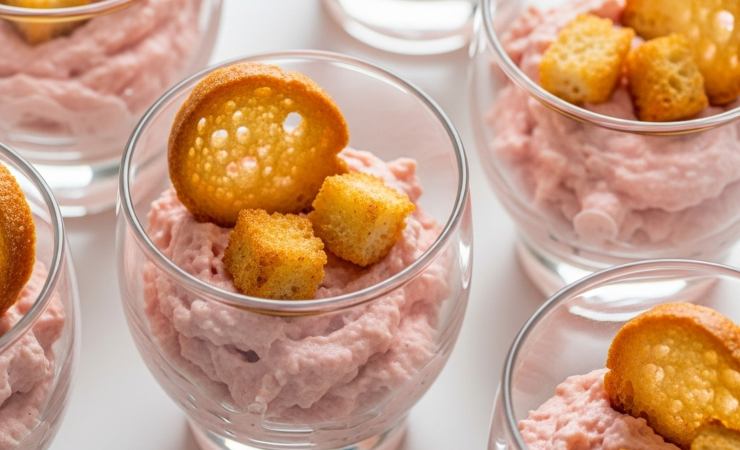 mousse di mortadella con crostini in coppette di vetro