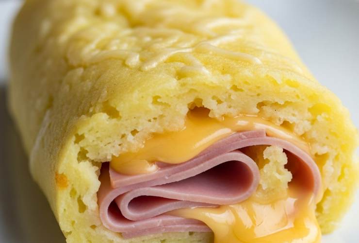 primo piano di rotolo di patate con prosciutto e formaggio