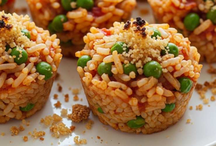 sformatini di riso dorati con piselli e pomodoro