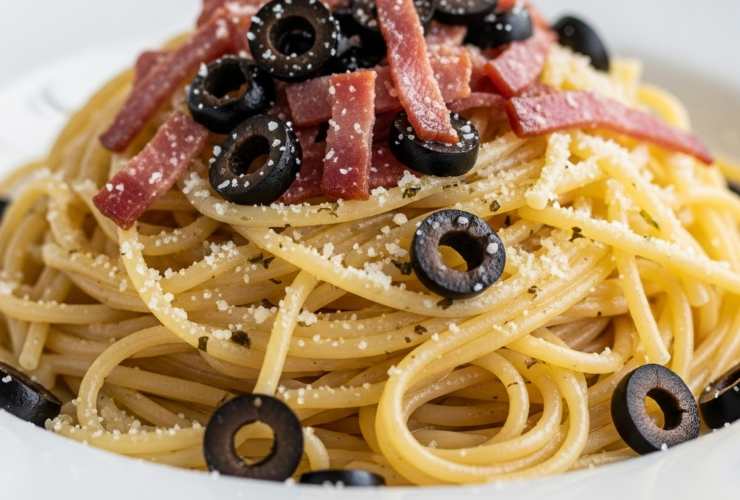 spaghetti conditi con speck olive e parmigiano