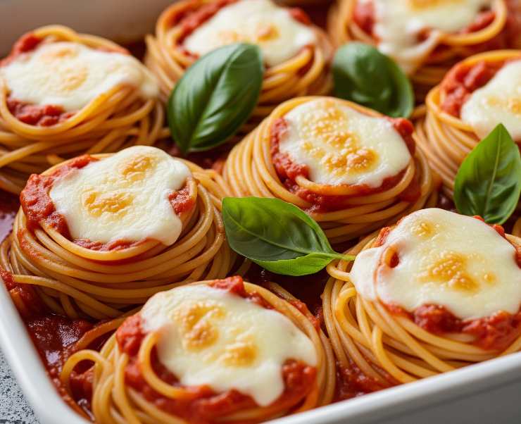 nidi di spaghetti con mozzarella