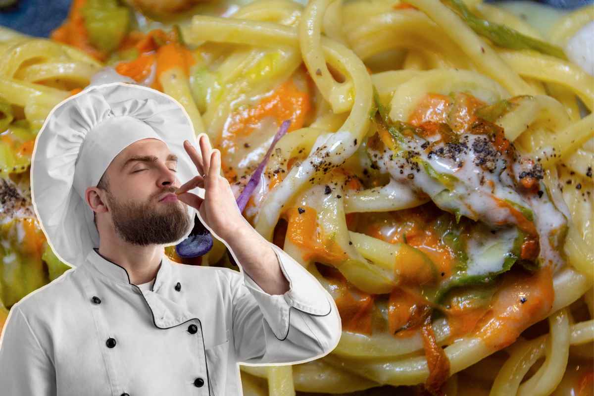 spaghetti con fiori di zucca e chef
