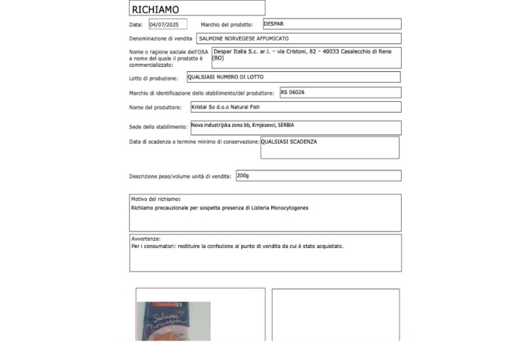 Il comunicato di richiamo alimentare per Listeria del Ministero della Salute