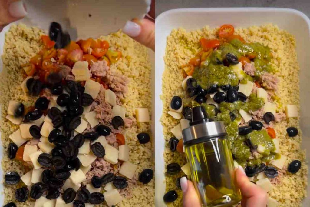 due passaggi della preparazione del cous cous estivo freddo