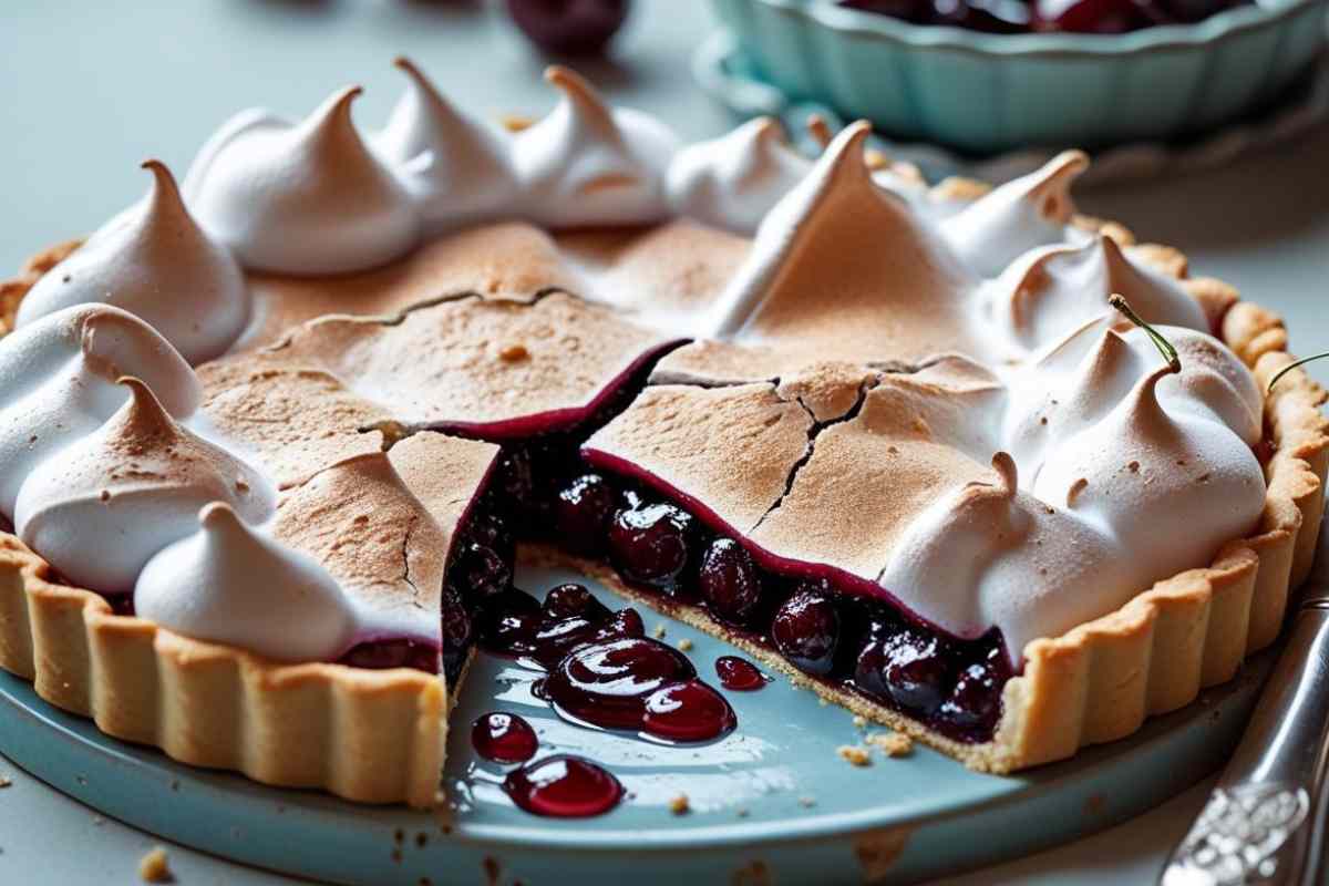 Crostata biscottata alle ciliegie a cui manca una fetta