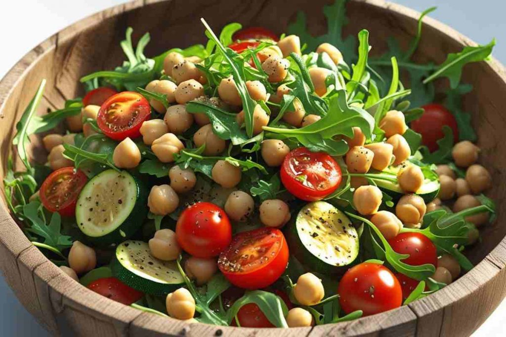 Insalata ceci, pomodori, zucchine e rucola in un piatto.