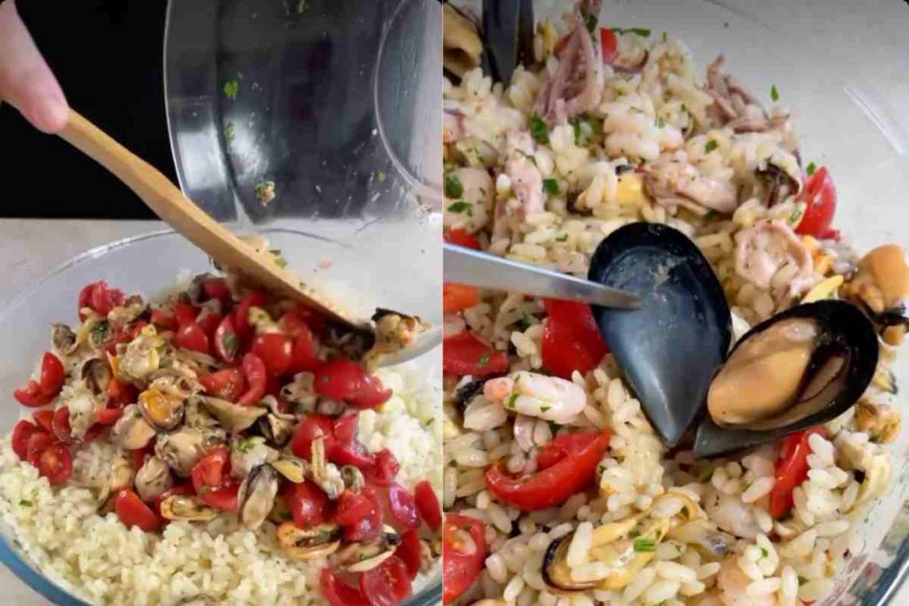 due momenti della preparazione dell'insalata di riso alla pescatora