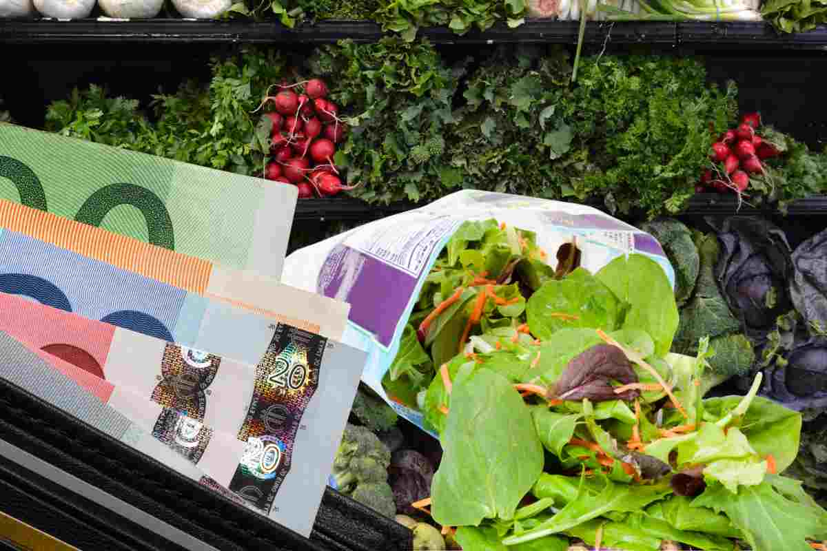 Una insalata in busta e dei soldi con verdure sullo sfondo