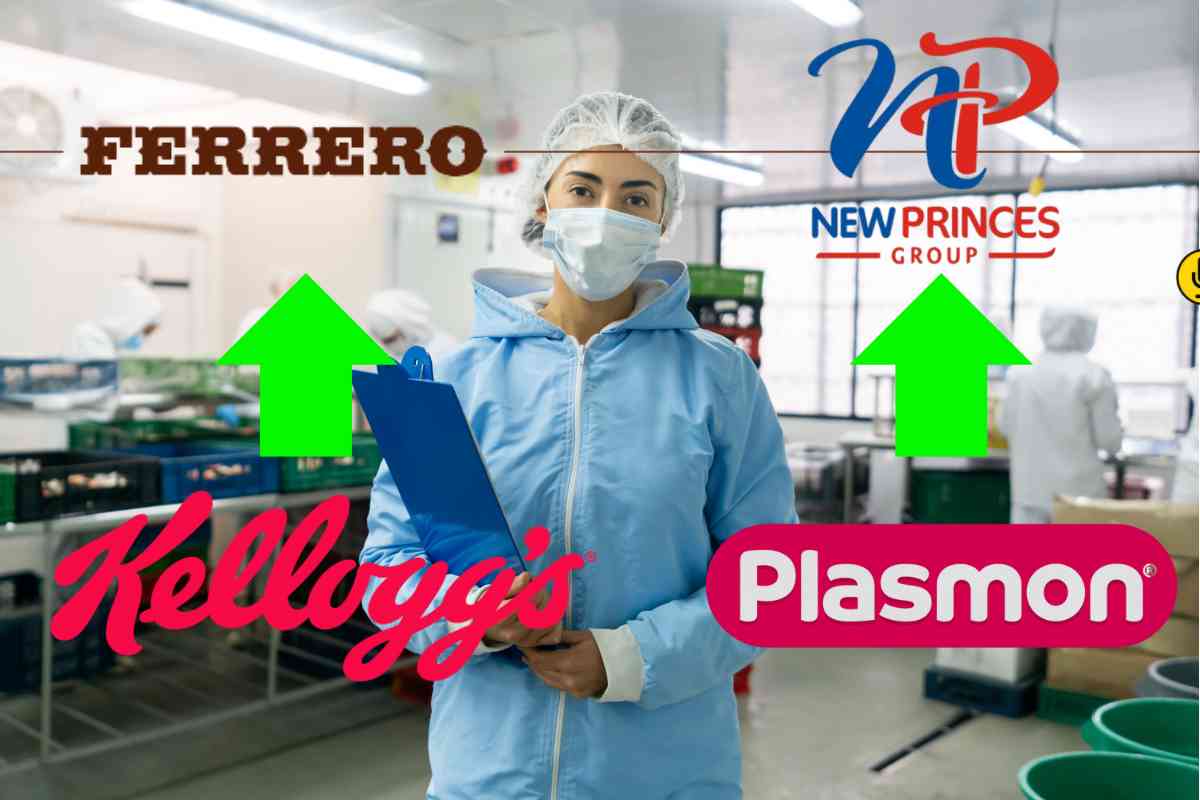 Una lavoratrice in un impianto industriale e diversi marchi famosi