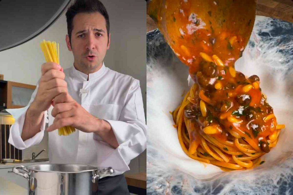 Pasta c'anciova e muddica atturrata e chef Sebastian Fitarau