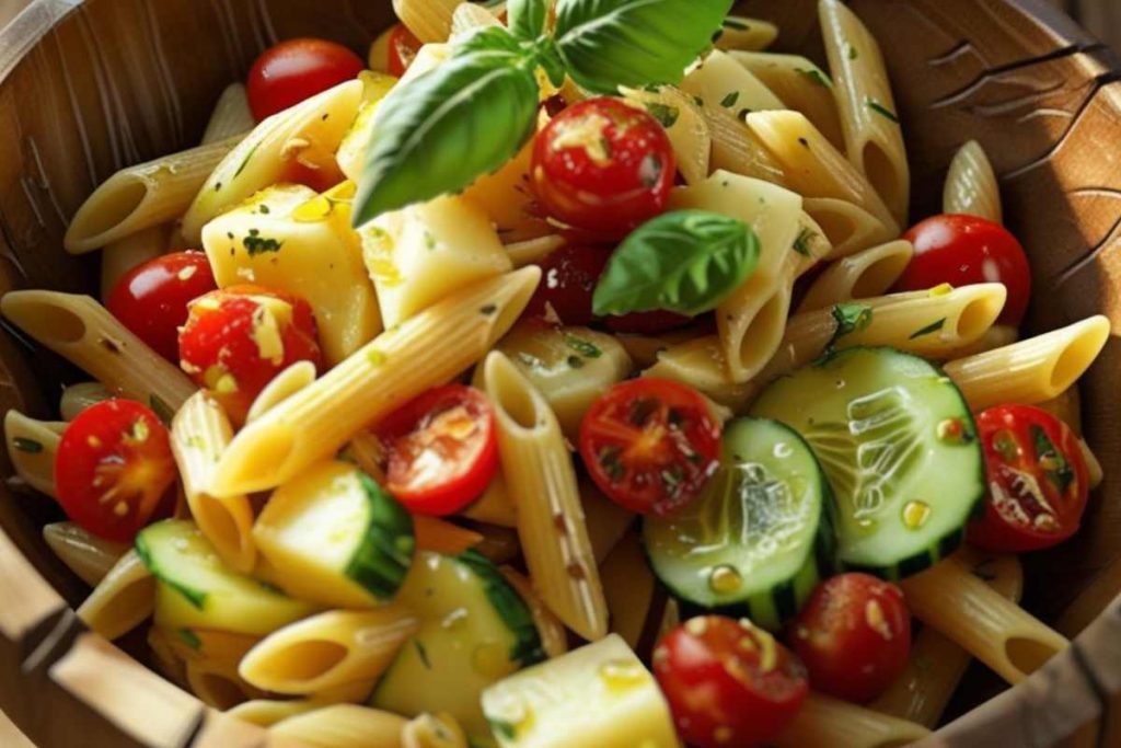Pasta e patate estiva con pomodorini, cetrioli e olive