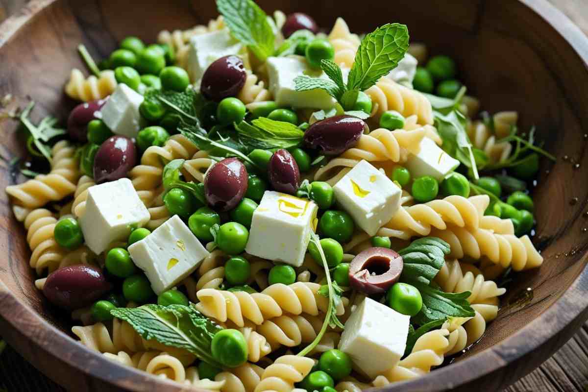Piatto di pasta fredda con menta, feta, rucola e olive