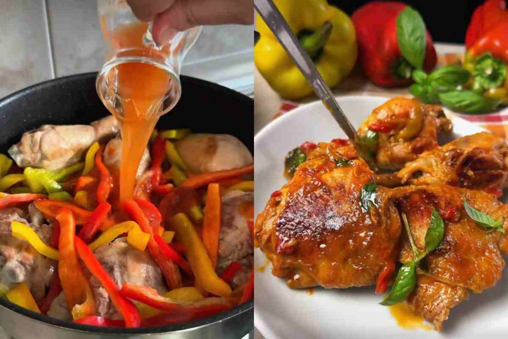 due immagini della preparazione del pollo con peperoni e olive