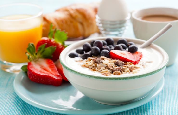 Una ciotola di yogurt greco con muesli e frutti di bosco