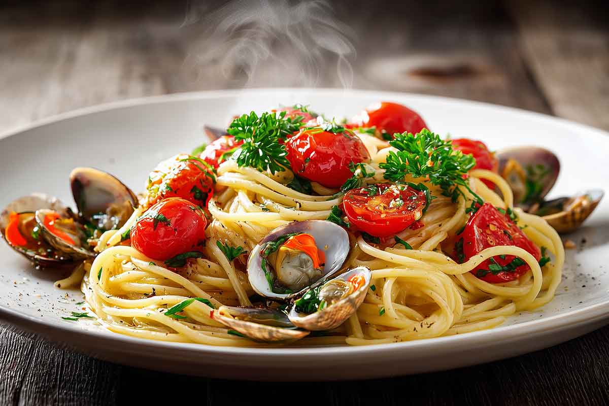Spaghetti fasolari e pomodorini in un piatto