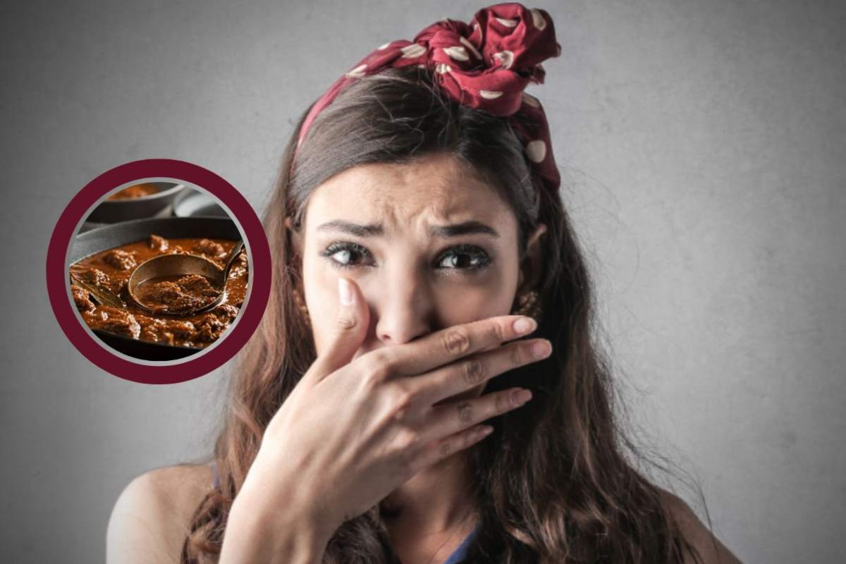 donna disgustata con una mano davanti alla bocca e nel riquadro dello spezzatino di carne